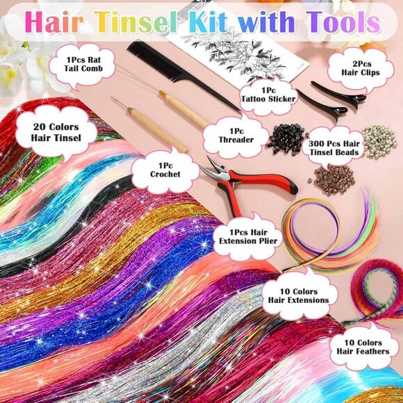 Hair Tinsel with Feathers Kit 20 Colors 48 Inch Rainbow Extensions for Women